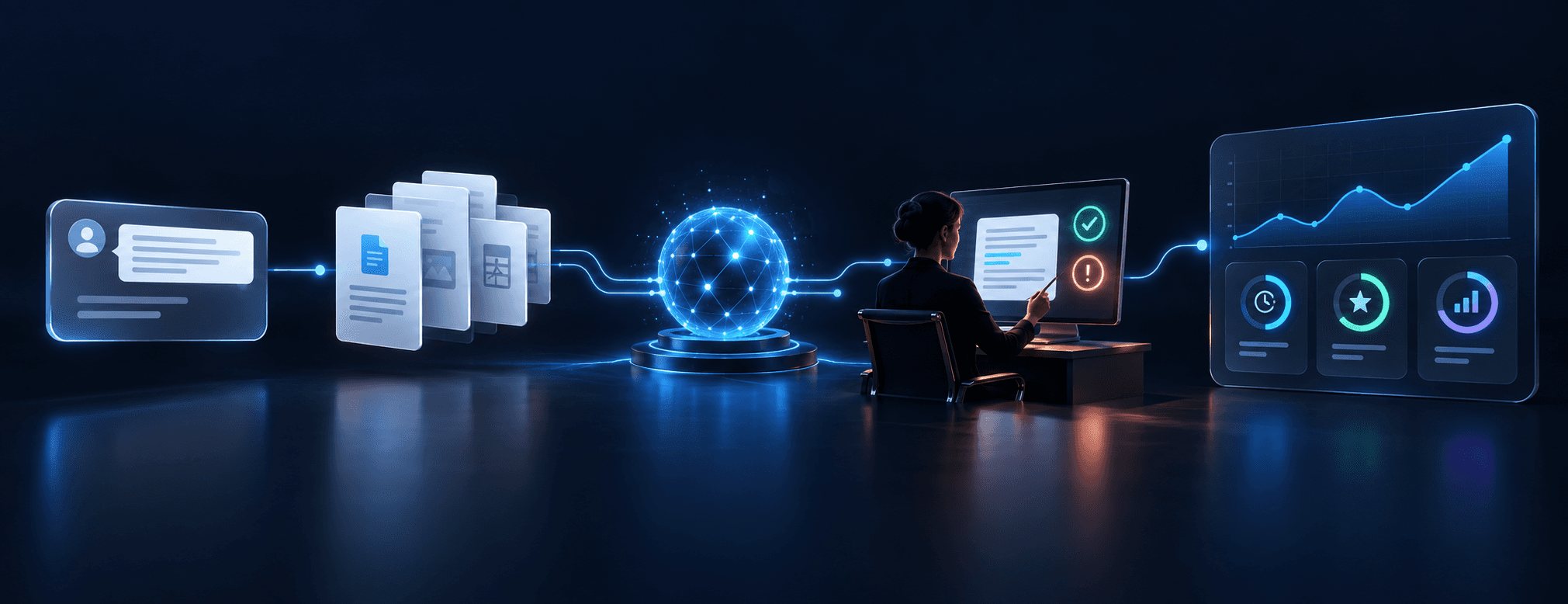 A request flows through documents and AI to a human reviewer, then into measured outcomes